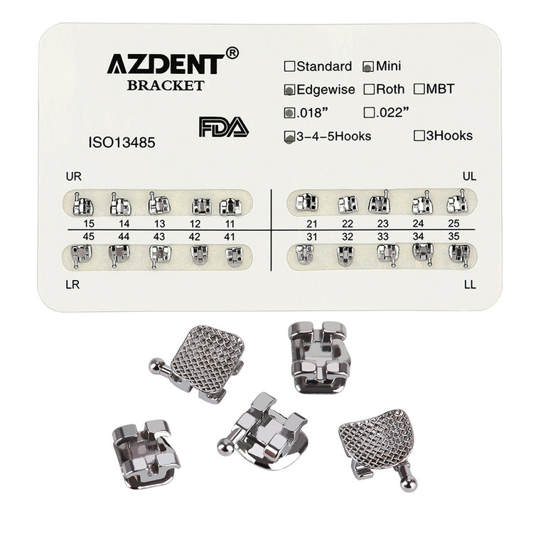 AZDENT Dental Metal Brackets Mini Edgewise Slot .018 Hooks on 345 20pcs/Pack - azdentall.com