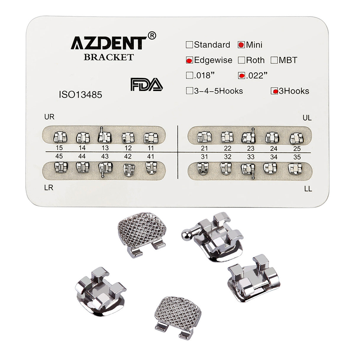 AZDENT Dental Metal Brackets Mini Edgewise Slot .022 Hooks on 3 20pcs/Pack - azdentall.com