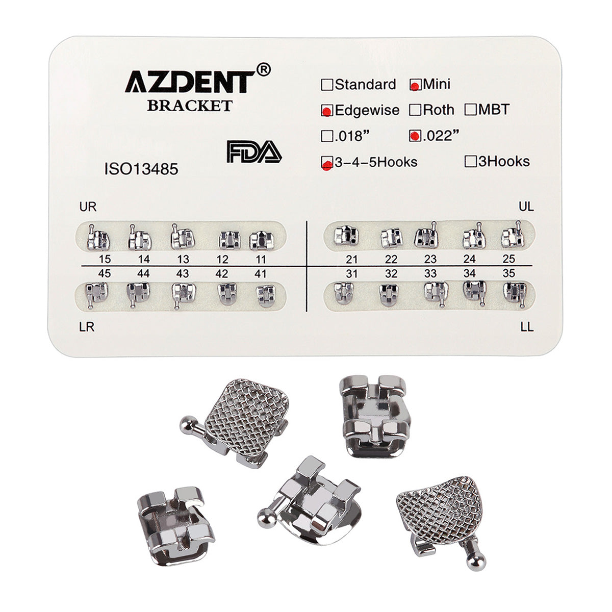 AZDENT Dental Metal Brackets Mini Edgewise Slot .022 Hooks on 345 20pcs/Pack - azdentall.com
