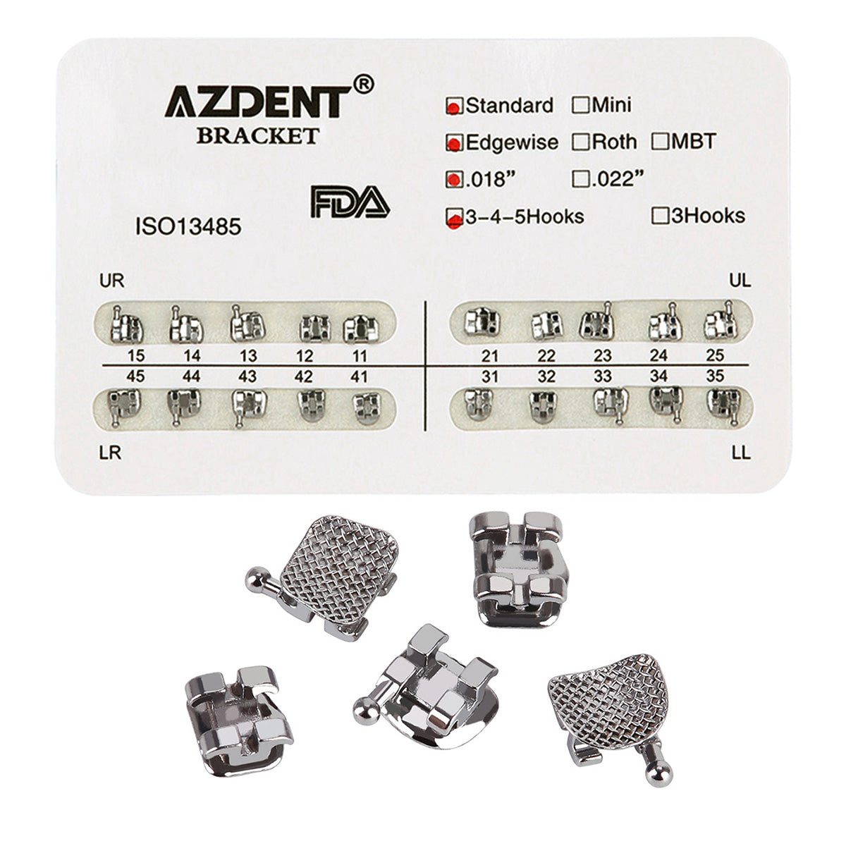 AZDENT Dental Metal Brackets Standard Edgewise Slot .018 Hooks on 345 20pcs/Pack - azdentall.com