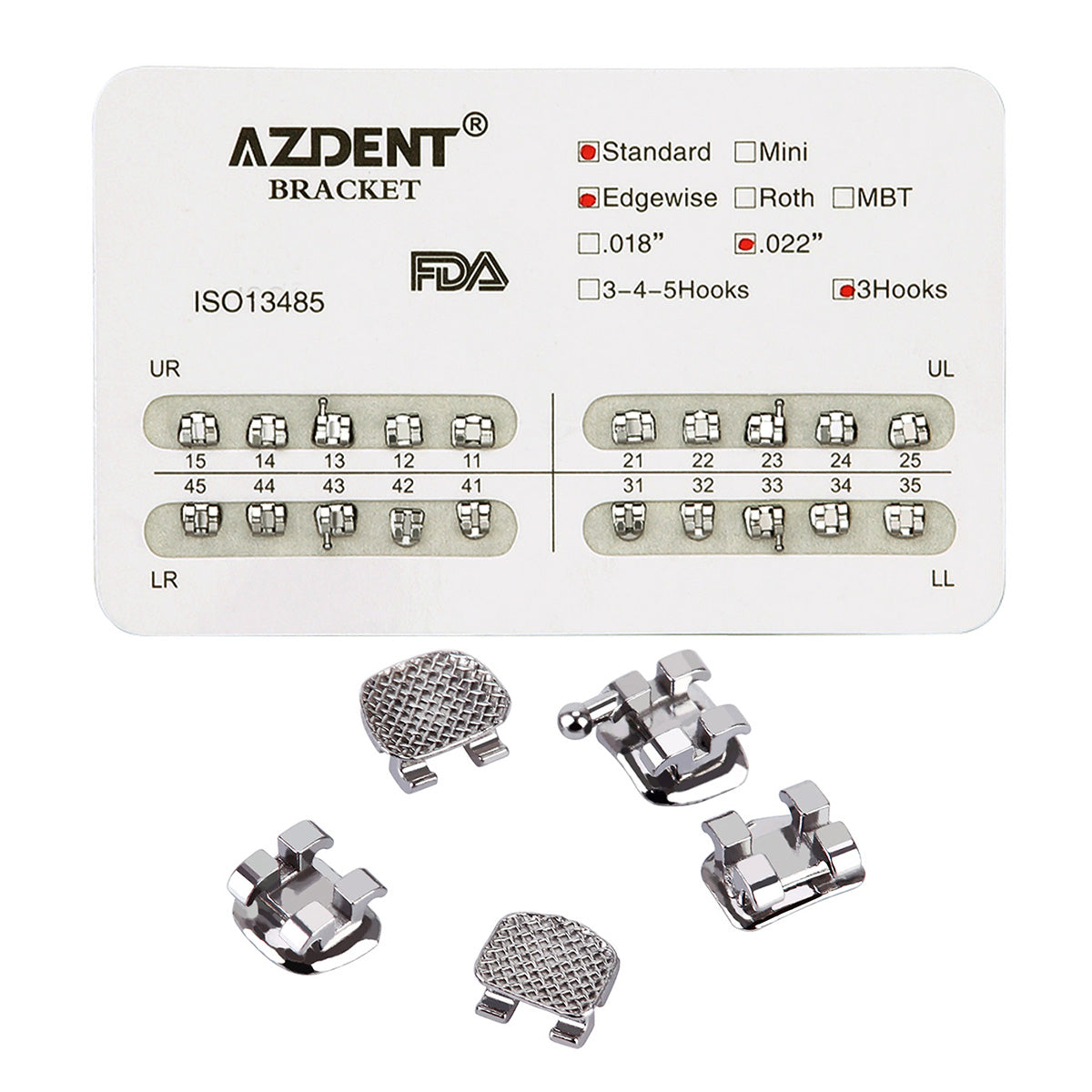 AZDENT Dental Metal Brackets Standard Edgewise Slot .022 Hooks on 3 20pcs/Pack - azdentall.com