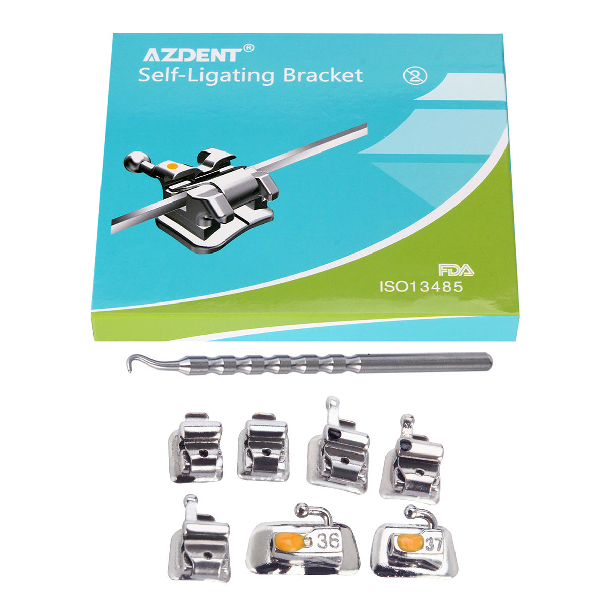 AZDENT Dental Orthodontic Metal Self Ligating Brackets Braces Mini Roth .022 Hooks on 345 with Buccal Tube 28pcs/Kit - azdentall.com