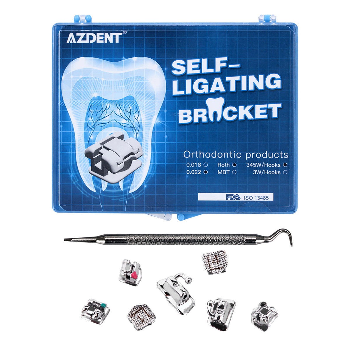 AZDENT Dental Orthodontic Metal Self-Ligating Metal Brackets Braces Roth .022 Hooks on 345 with Tools 28pcs/Box - azdentall.com
