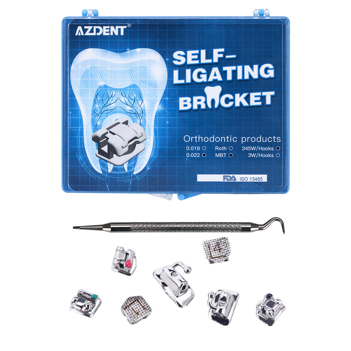 AZDENT Dental Orthodontic Metal Self-Ligating Brackets Braces MBT .022 Hooks on 345 with Buccal Tube 28pcs/Kit - azdentall.com