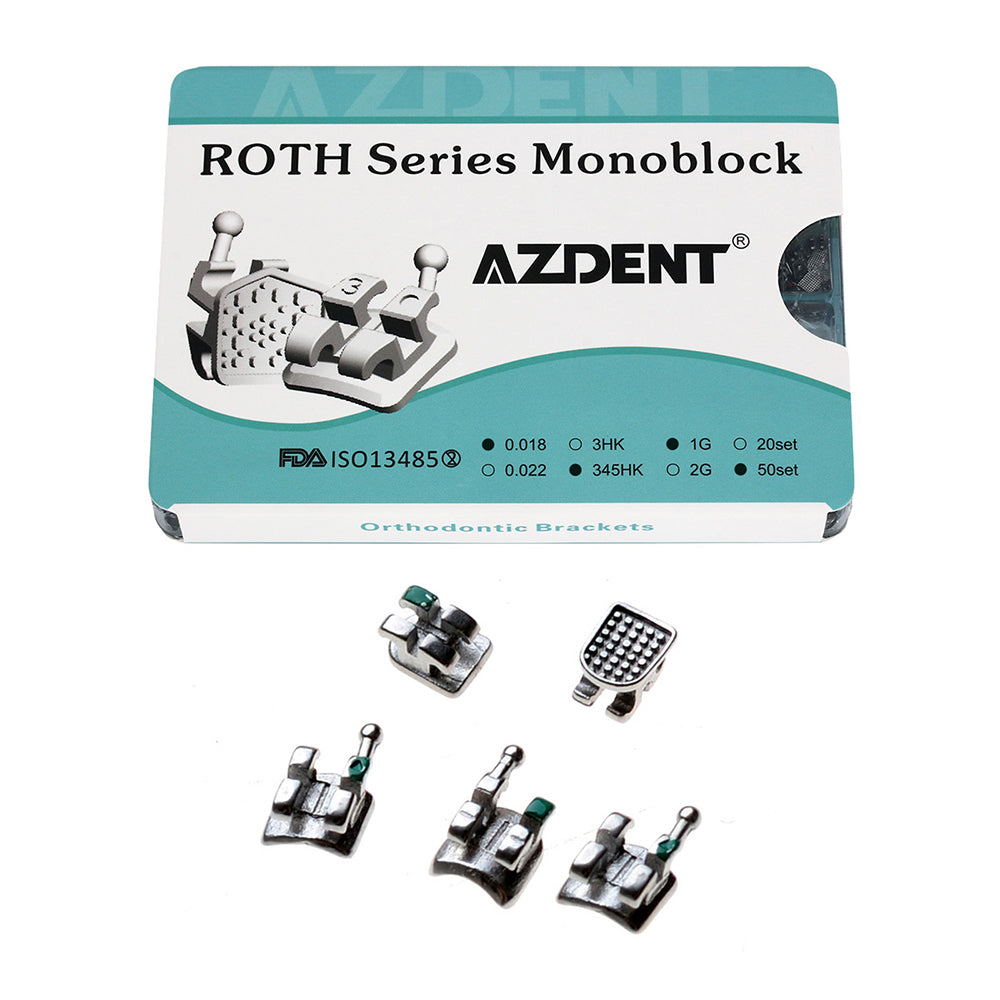 AZDENT Dental Orthodontic Metal Brackets Braces MIM Monoblock Mini Roth .018 Hooks on 345 1000pcs/Box - azdentall.com