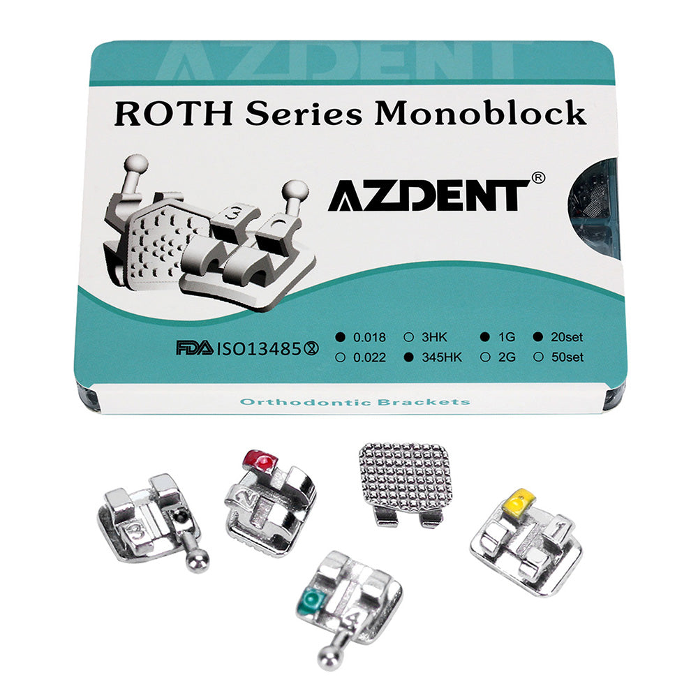 AZDENT Dental Orthodontic Metal Brackets Braces Mini Roth .018 MIM Monoblock Hooks on 345 400pcs/Box - azdentall.com