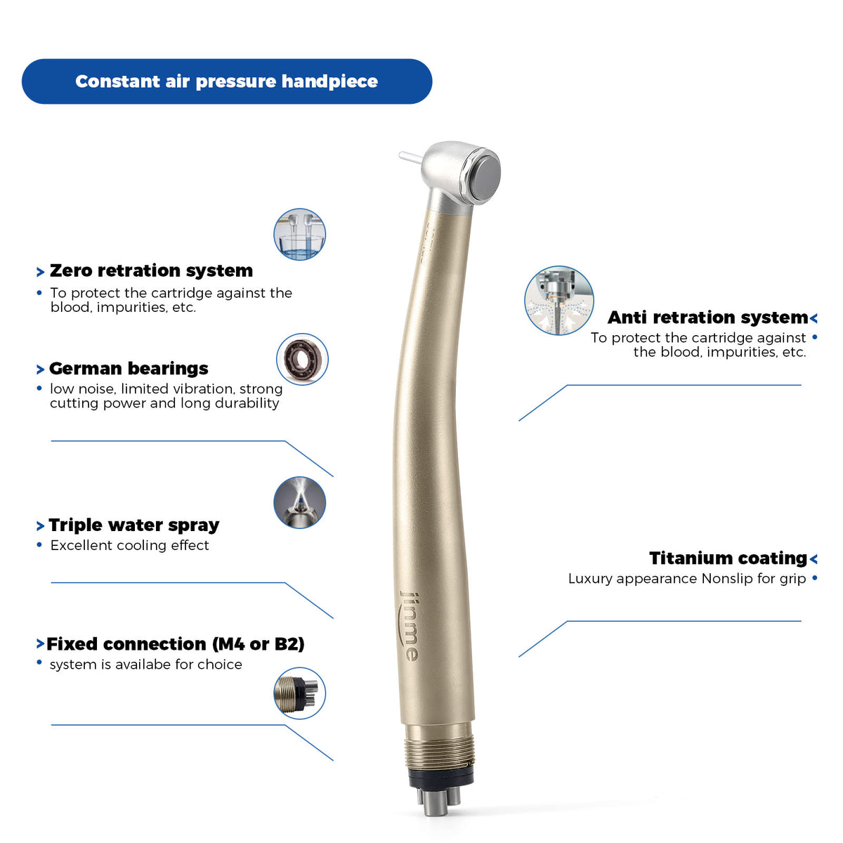 Jinme J3 Plus-SU High Speed Air Turbine Handpiece Standard Head 3 Port Spray 4 Hole - azdentall.com