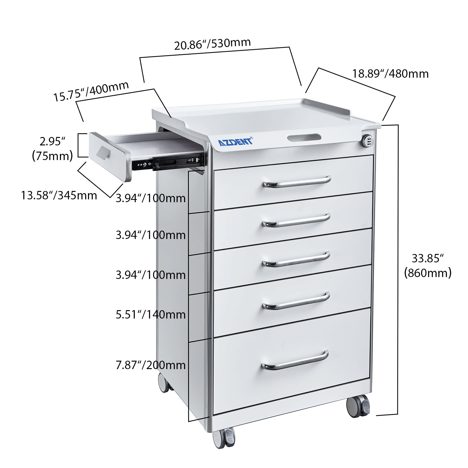 AZDENT Dental Mobile Cabinet Cart 5 Drawers with Hidden Side Auxiliary Drawer Secure Lock Power Socket - azdentall.com
