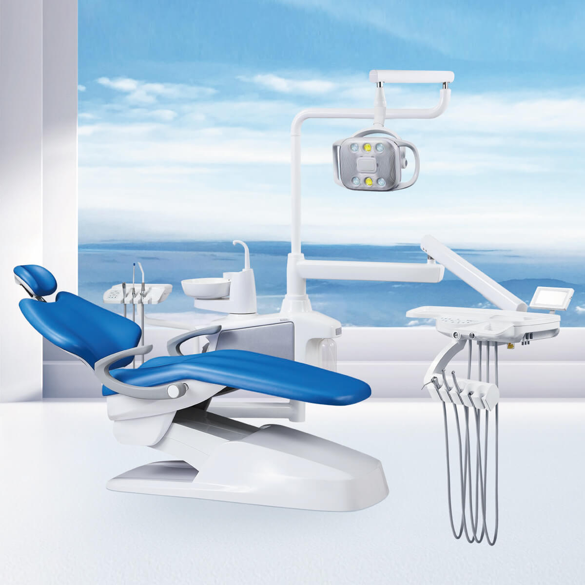 Dental Chair Unit QL2028III-2024 DC Motor Computer Controlled PU Hard Leather w/ Dentist Stool Dark Blue - azdentall.com