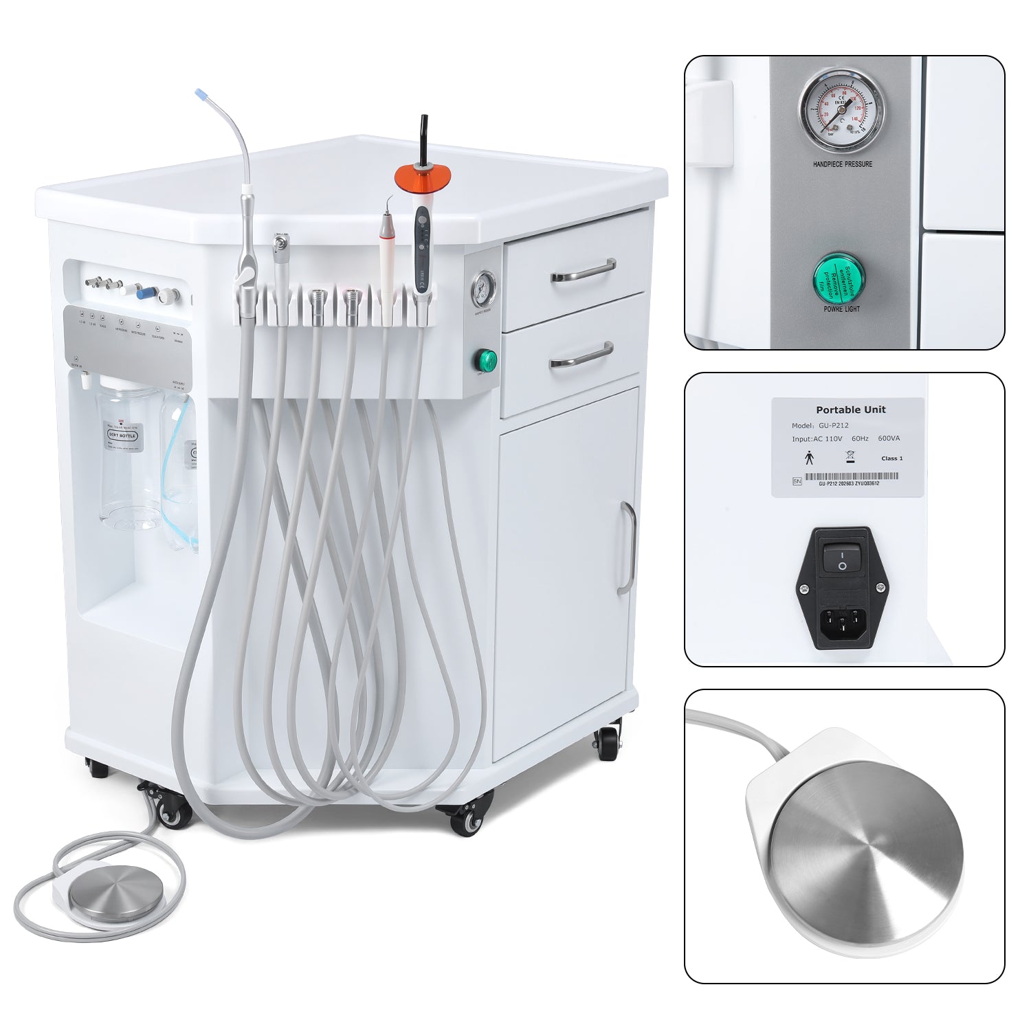 Portable Dental Side Delivery Unit Cabinet Type P212 High Suction 4 Hole w/ Woodpecker Curing Light and Scaler & Air Compressor - azdentall.com