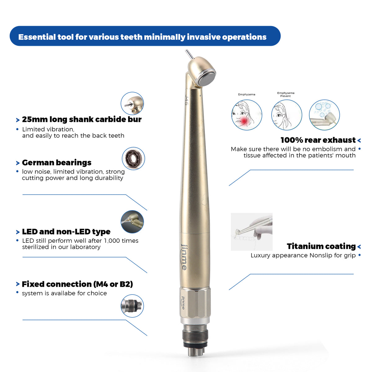 Jinme J45-TUQP LED High Speed Air Turbine Handpiece with Generator 3 Port Spray 4 Hole - azdentall.com