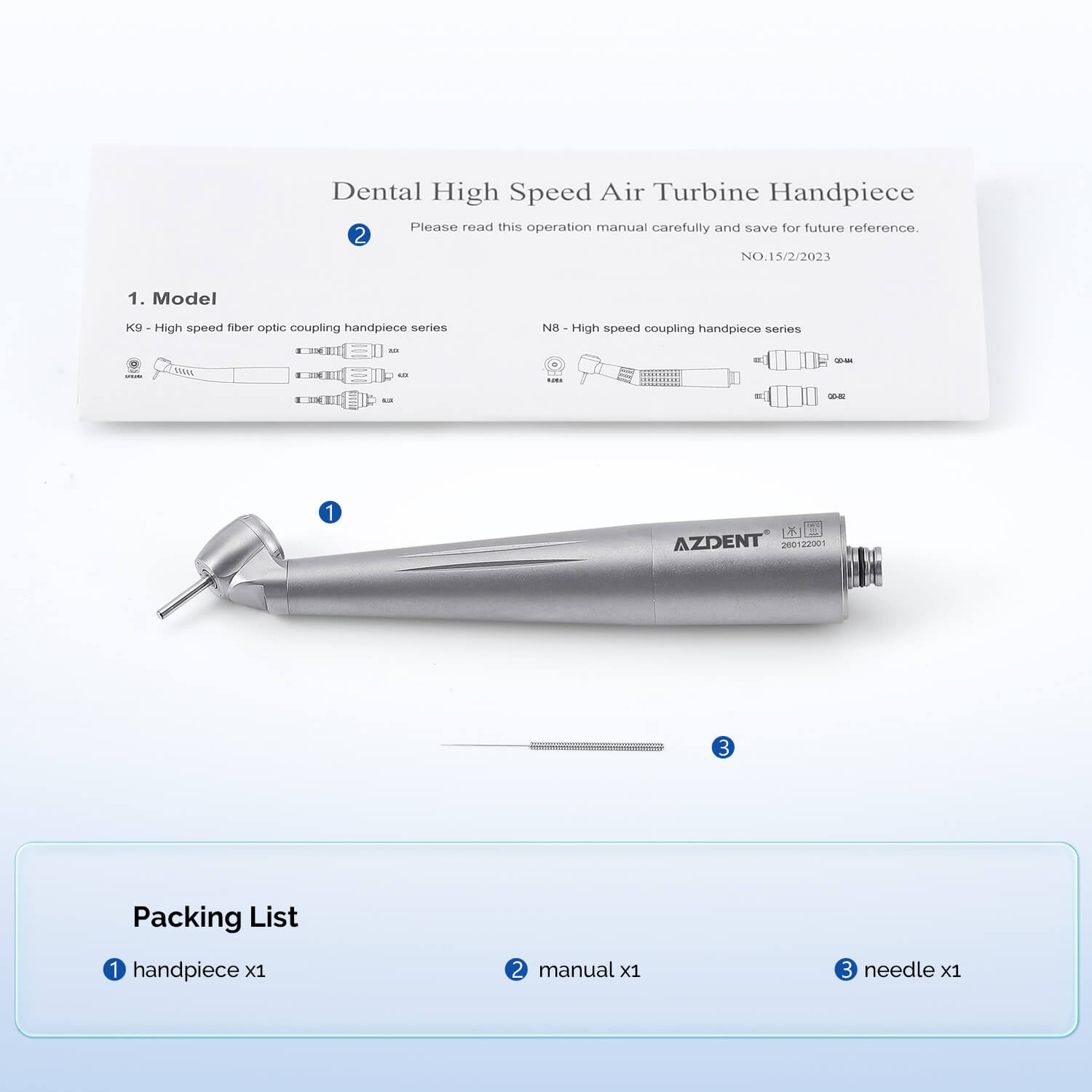 AZDENT Dental LED Fiber Optic 45° High Speed Handpiece Titanium Mini Head Four Water Spray / 6 Holes Quick Coupler - azdentall.com