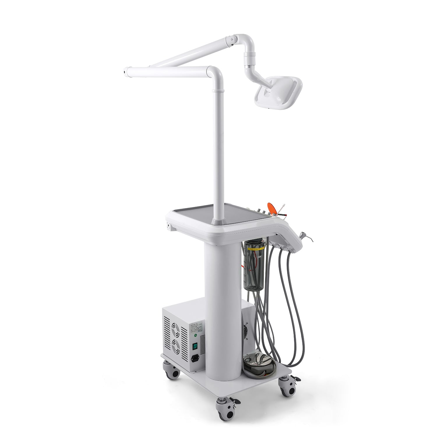 Portable Dental Mobile Cart Delivery Unit 4 Holes with 6 LED Light Lamp & Air Compressor & Woodpecker Scaler and Curing Light