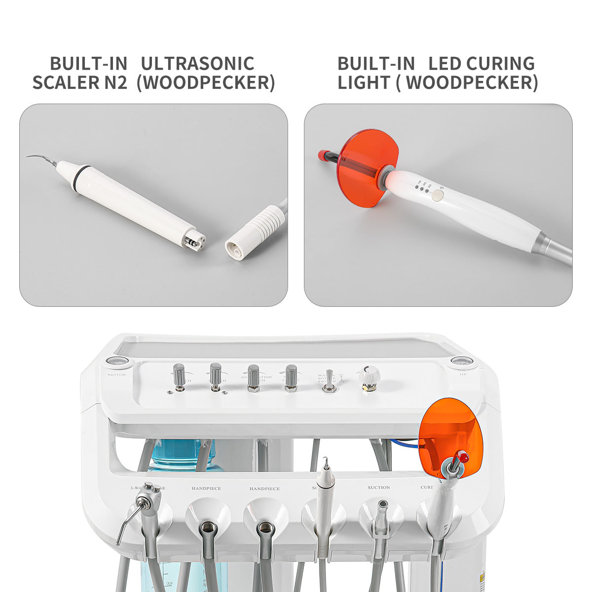 Portable Dental Mobile Cart Delivery Unit 4 Holes with Air Compressor Built-in ultrasonic scaler & Curing light - azdentall.com