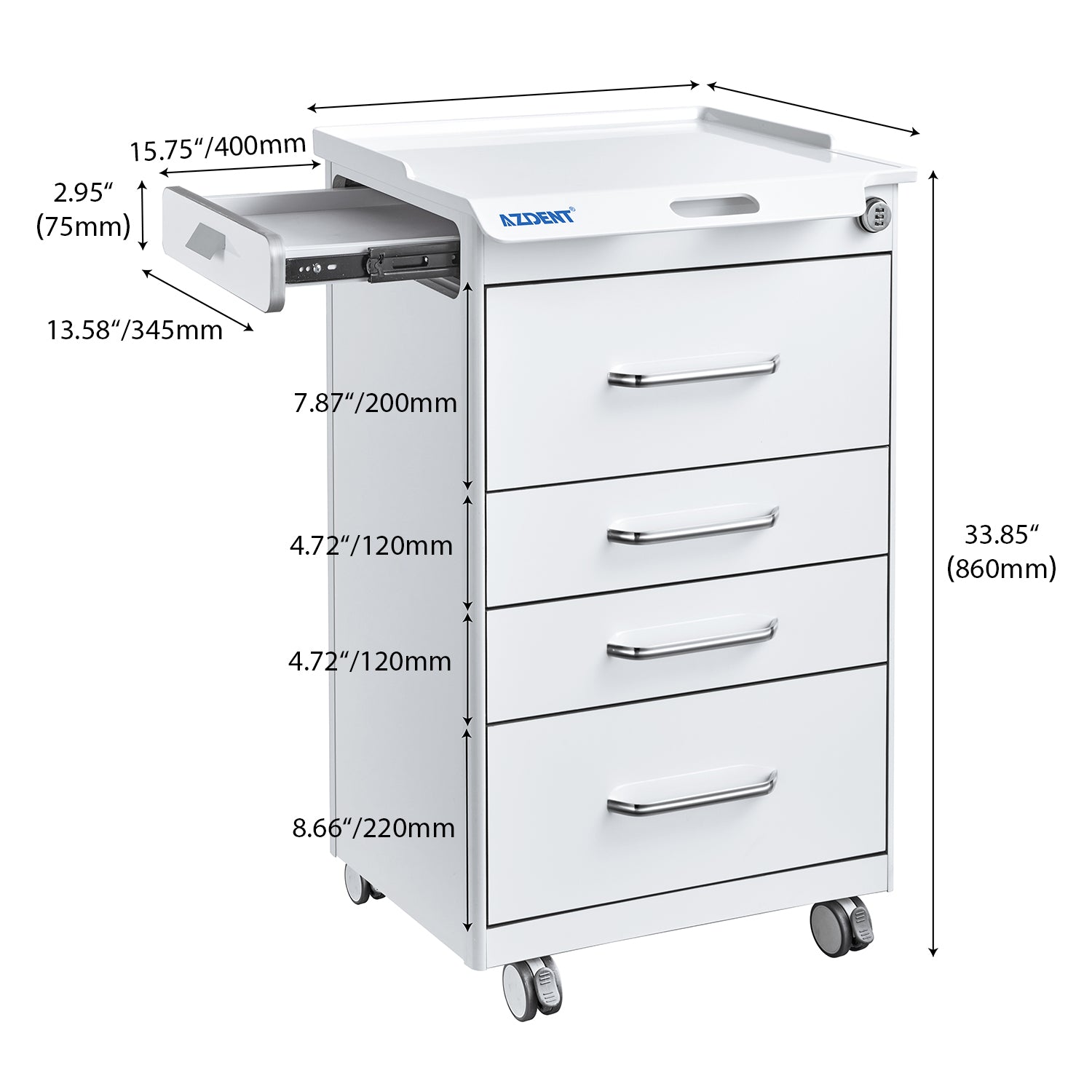 AZDENT Dental Mobile Cabinet Cart 4 Drawers with Hidden Side Auxiliary Drawer Combination Lock Silent Casters and Power Socket  - azdentall.com