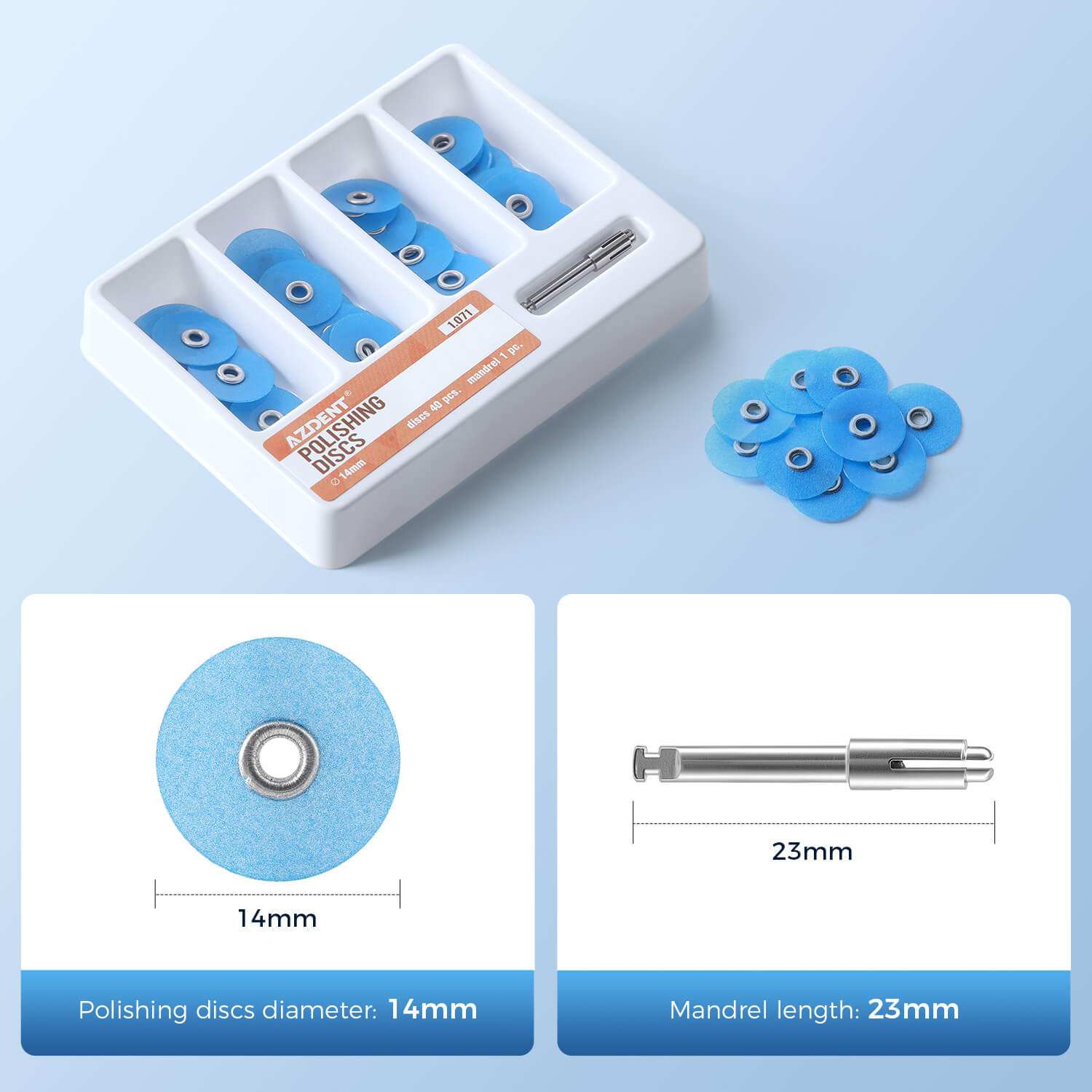 AZDENT Composite Polishing Discs φ14mm with Mandrel NO1.071 40Pcs/Box - azdentall.com