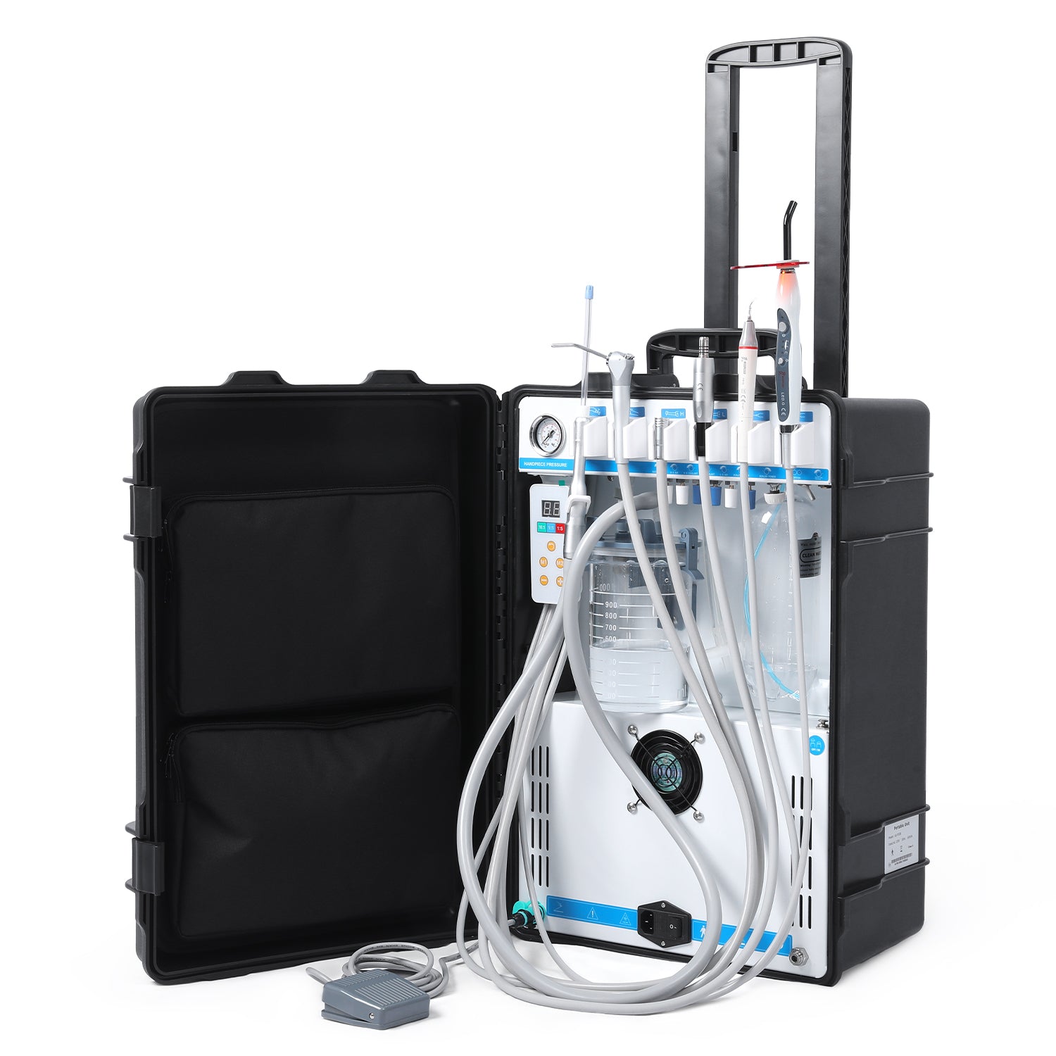 Portable Dental Delivery Unit P208 High Suction 4 Hole Built-in Electric Motor w/ Woodpecker Curing Light and Scaler & Air Compressor - azdentall.com