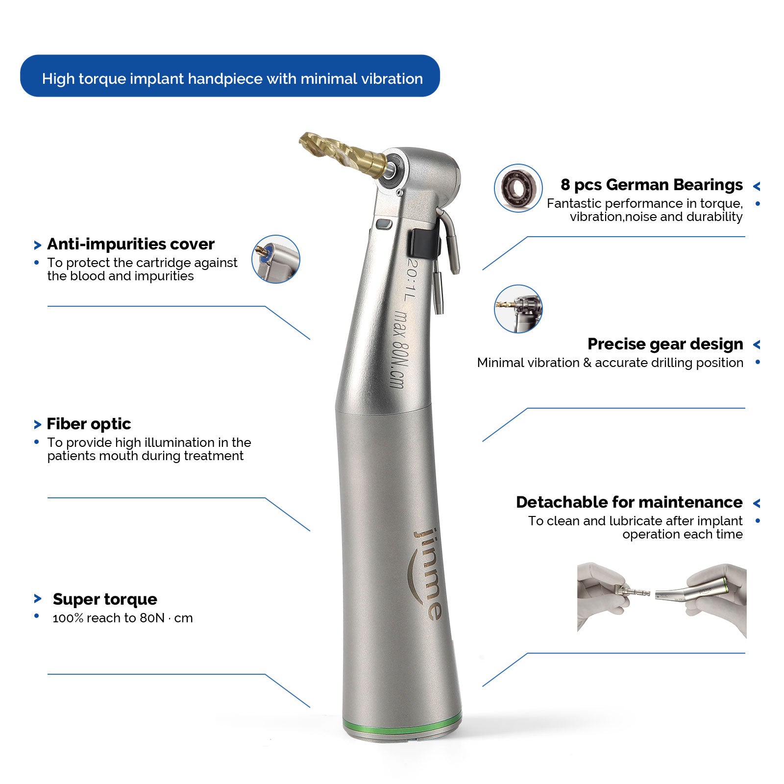 Jinme L Fiber Optic LED 20:1 Implant Contra Angle Low Speed Handpiece - azdentall.com