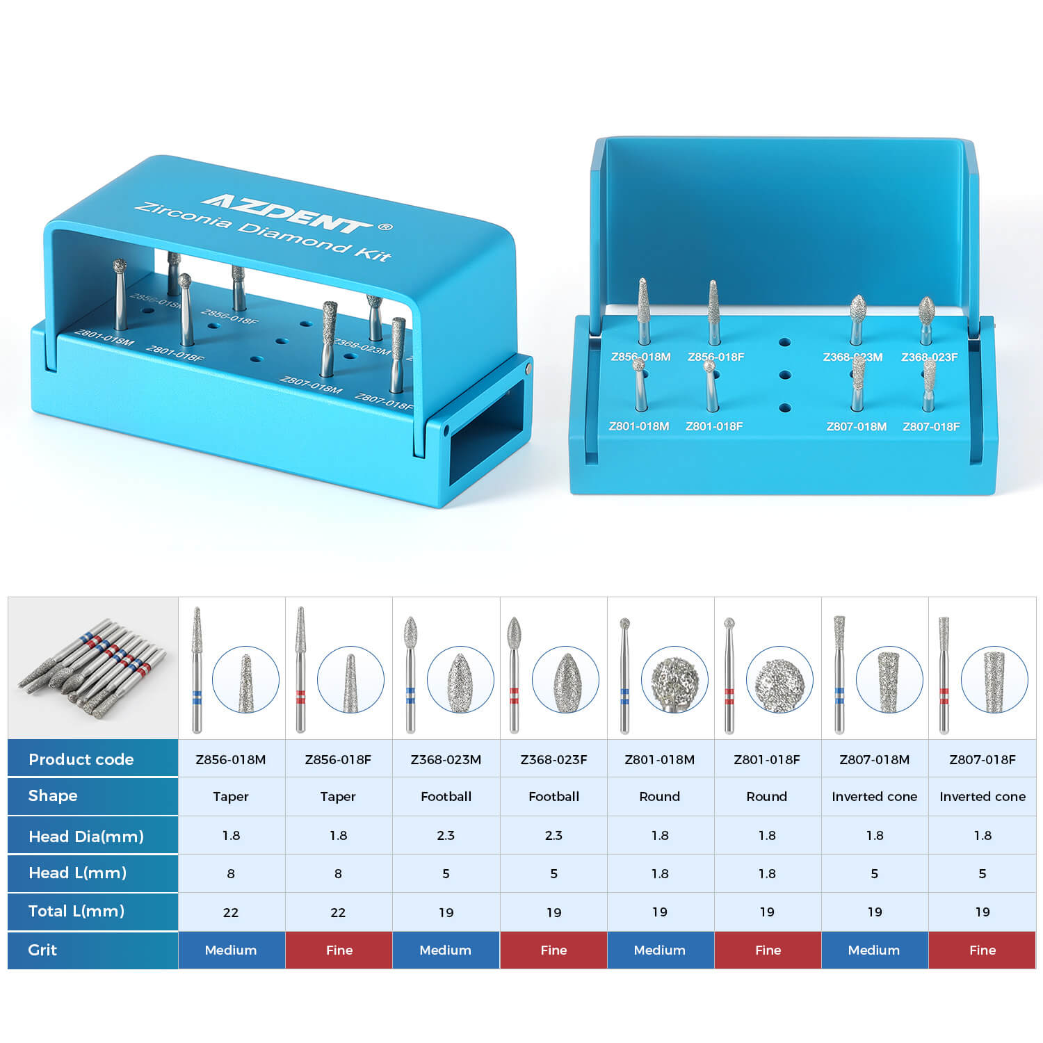 AZDENT Dental Zirconia Diamond Bur Kit FG 1.6mm Blue 8pcs/Box - azdentall.com