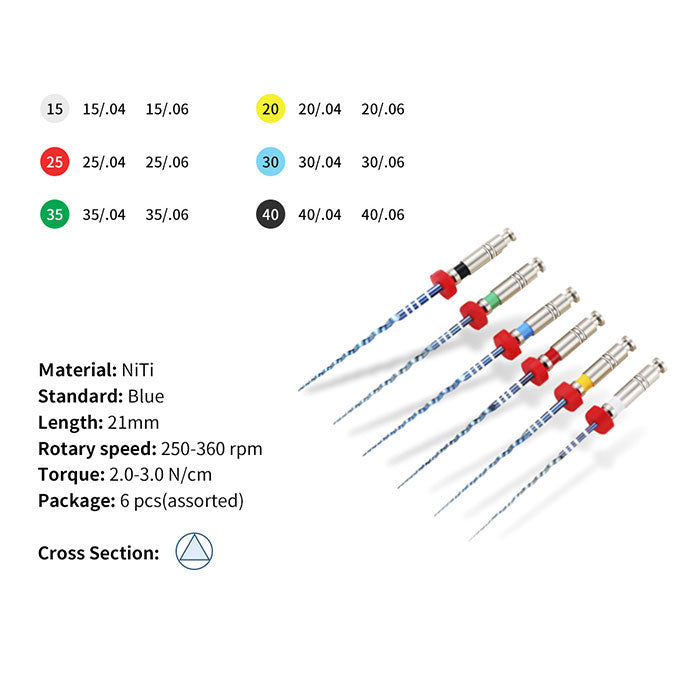 Dental NiTi Endo Blue Engine Use Rotary File 21mm/25mm Taper .04/.06 #15-40 6pcs/Pack - azdentall.com