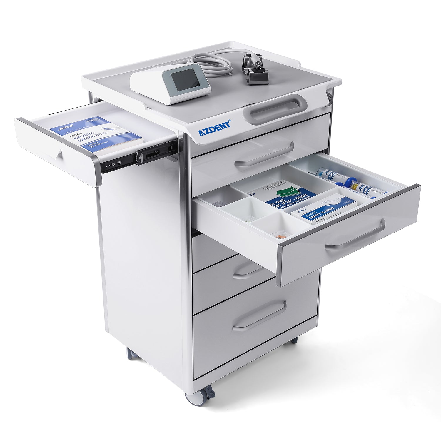 AZDENT Dental Mobile Cabinet Cart 5 Drawers with Hidden Side Auxiliary Drawer Secure Lock Power Socket - azdentall.com