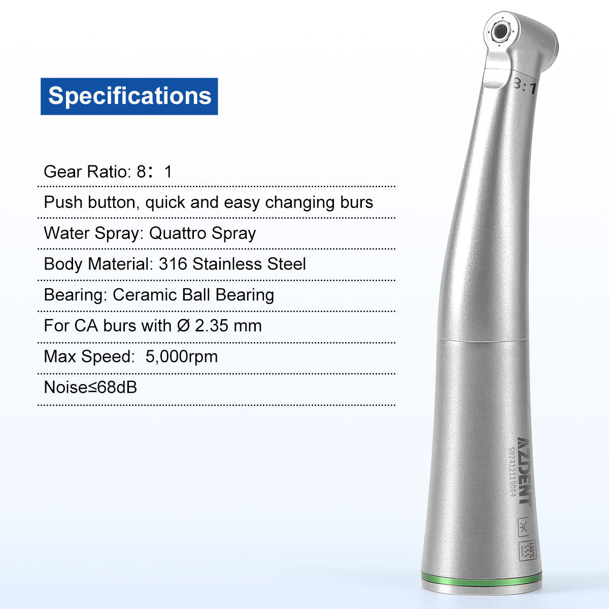 AZDENT Dental Mini 8:1 Low Speed Handpiece Contra Angle Quattro Spray For Endo or Prophy - azdentall.com