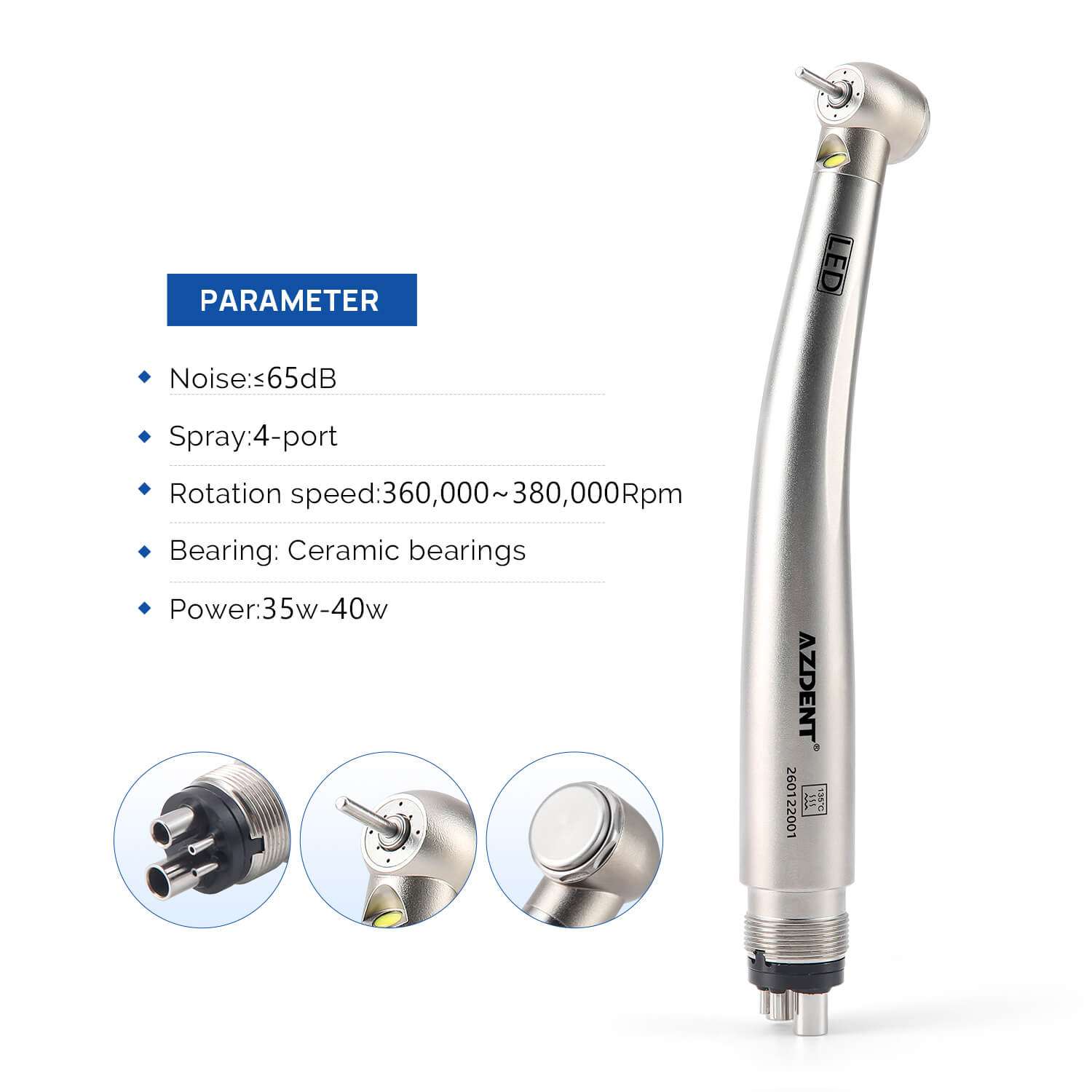 AZDENT High Speed Handpiece LED Push Button Ceramic Bearing 4 Hole Four Water Spray - azdentall.com