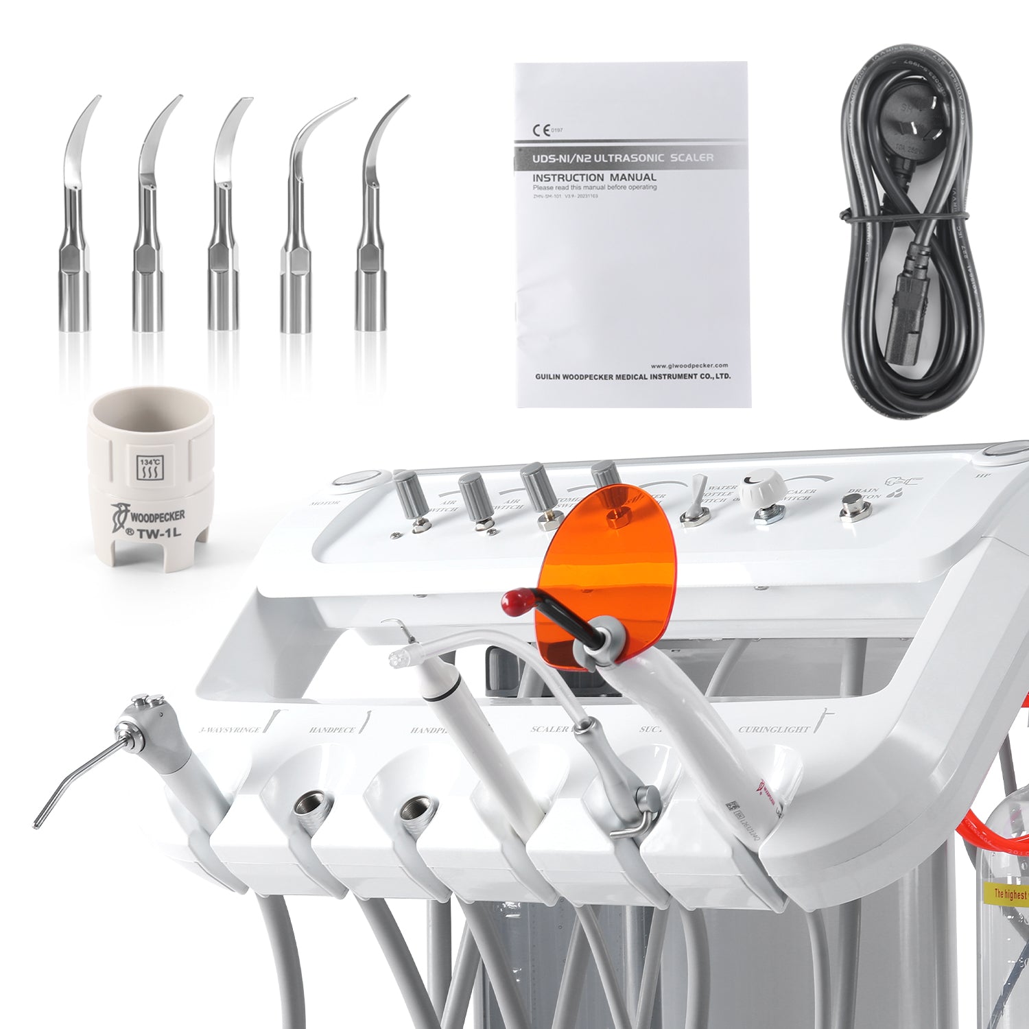 Portable Dental Mobile Cart Delivery Unit 4 Holes with Air Compressor Built-in Woodpecker Ultrasonic Scaler & Curing Light - azdentall.com