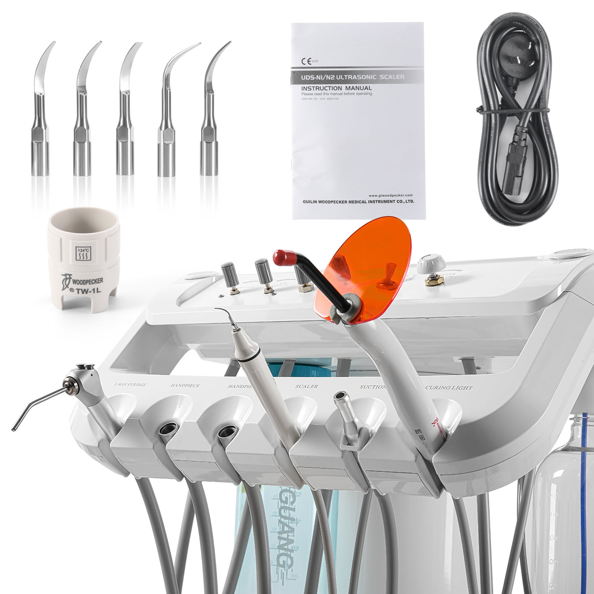 Portable Dental Mobile Cart Delivery Unit 4 Holes with Air Compressor Built-in ultrasonic scaler & Curing light - azdentall.com