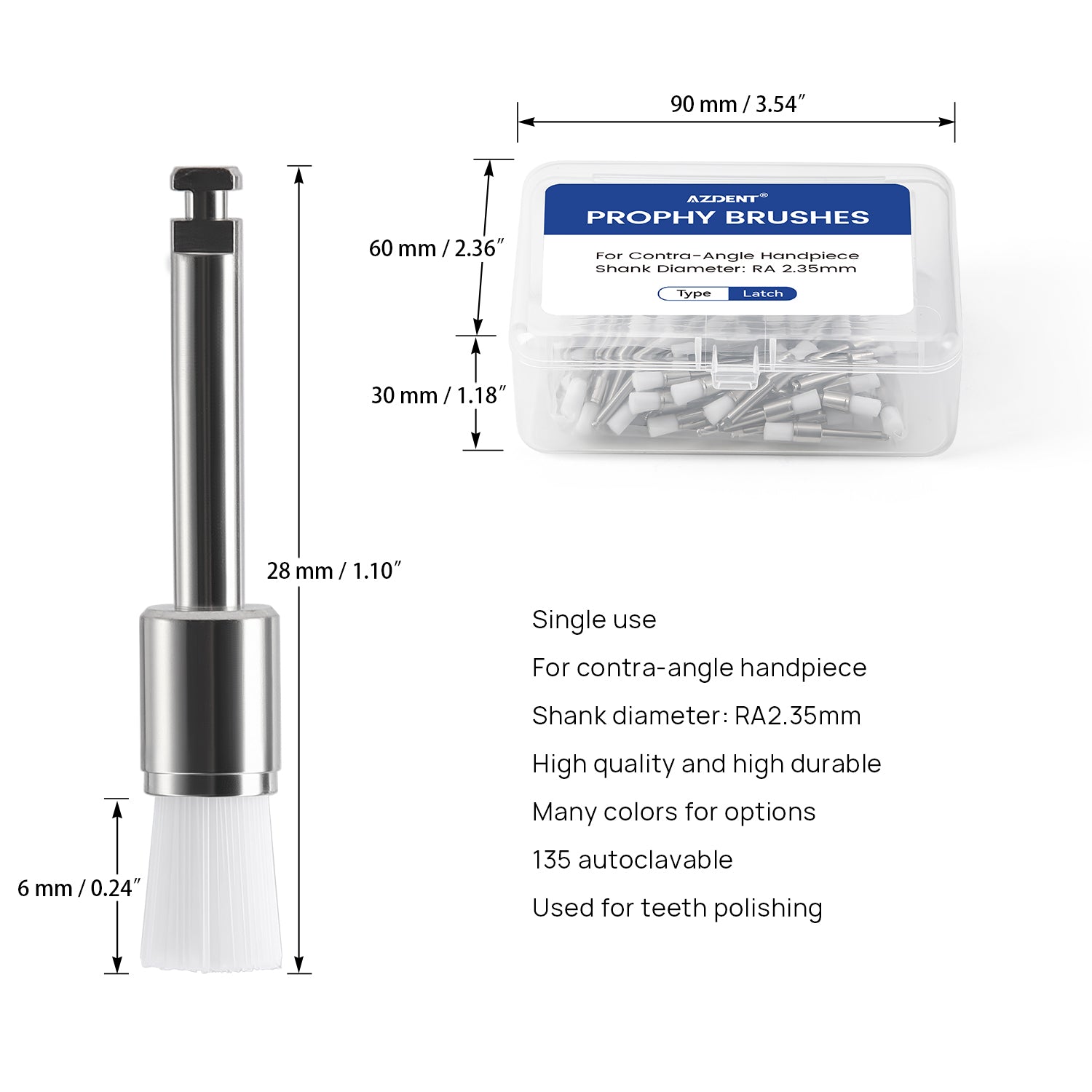 AZDENT Dental Nylon Prophy Brushes RA Latch Type Copper Handle Flat/Tapered Hard/Soft 100pcs/Box - azdentall.com