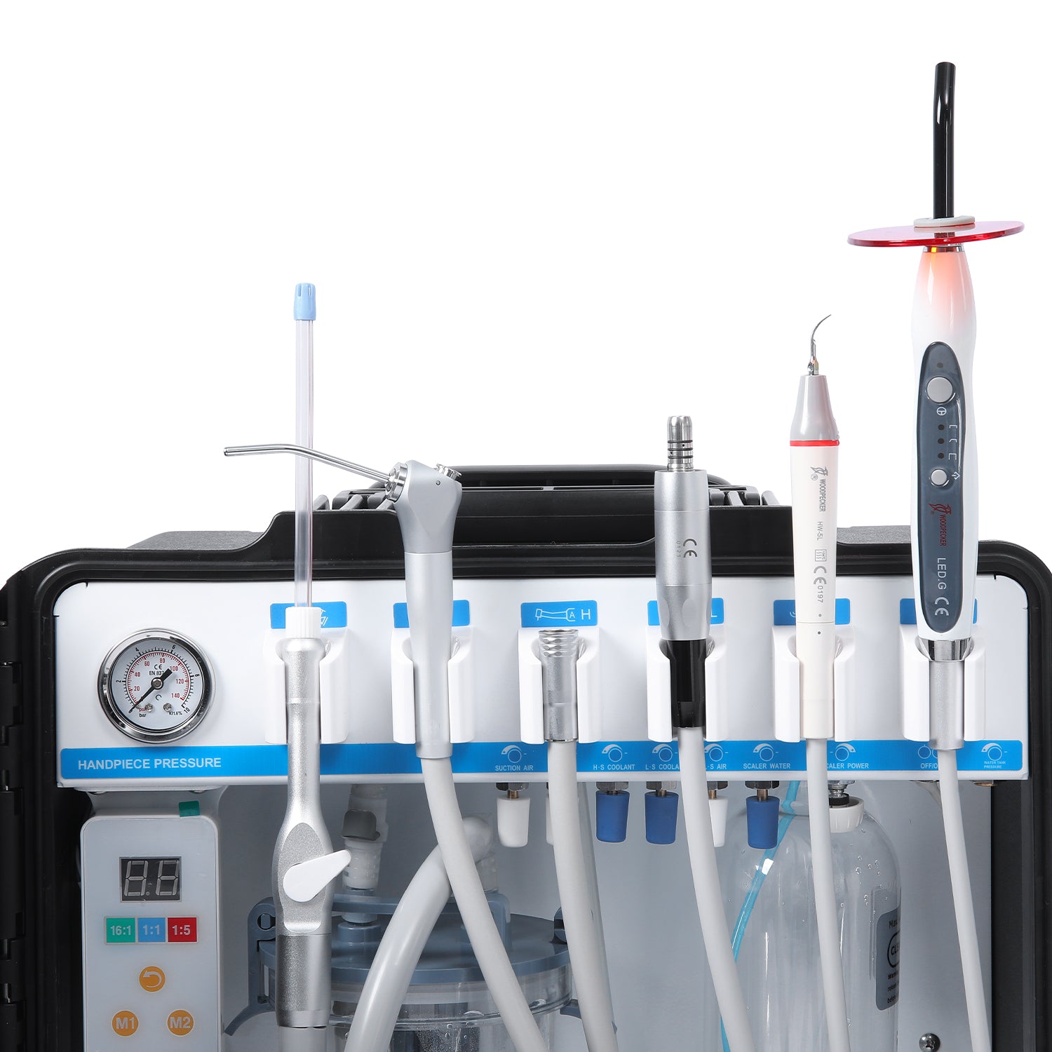 Portable Dental Delivery Unit P208 High Suction 4 Hole Built-in Electric Motor w/ Woodpecker Curing Light and Scaler & Air Compressor - azdentall.com