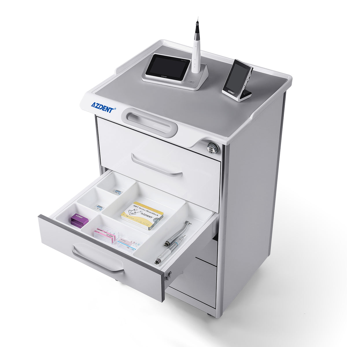 AZDENT Dental Mobile Cabinet Cart 4 Drawers with Hidden Side Auxiliary Drawer Combination Lock Silent Casters and Power Socket  - azdentall.com