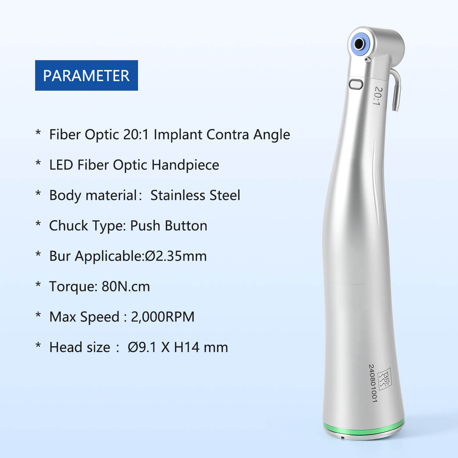 Dental LED Fiber Optic 20:1 Implant Contra Angle Low Speed Handpiece Push Button Stainless Steel Body - azdentall.com