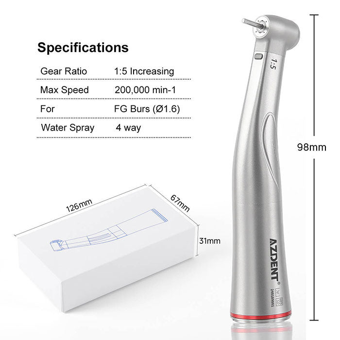 AZDENT Dental 1:5 Increasing Fiber Optic Electric Contra Angle Handpiece Stainless Steel Body Ceramic Bearing Internal Four Way Spray- azdentall.com