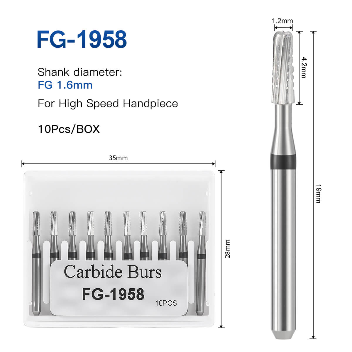 Dental Tungsten Carbide Bur FG 1958 Metal Cutting 10pcs/Box - azdentall.com