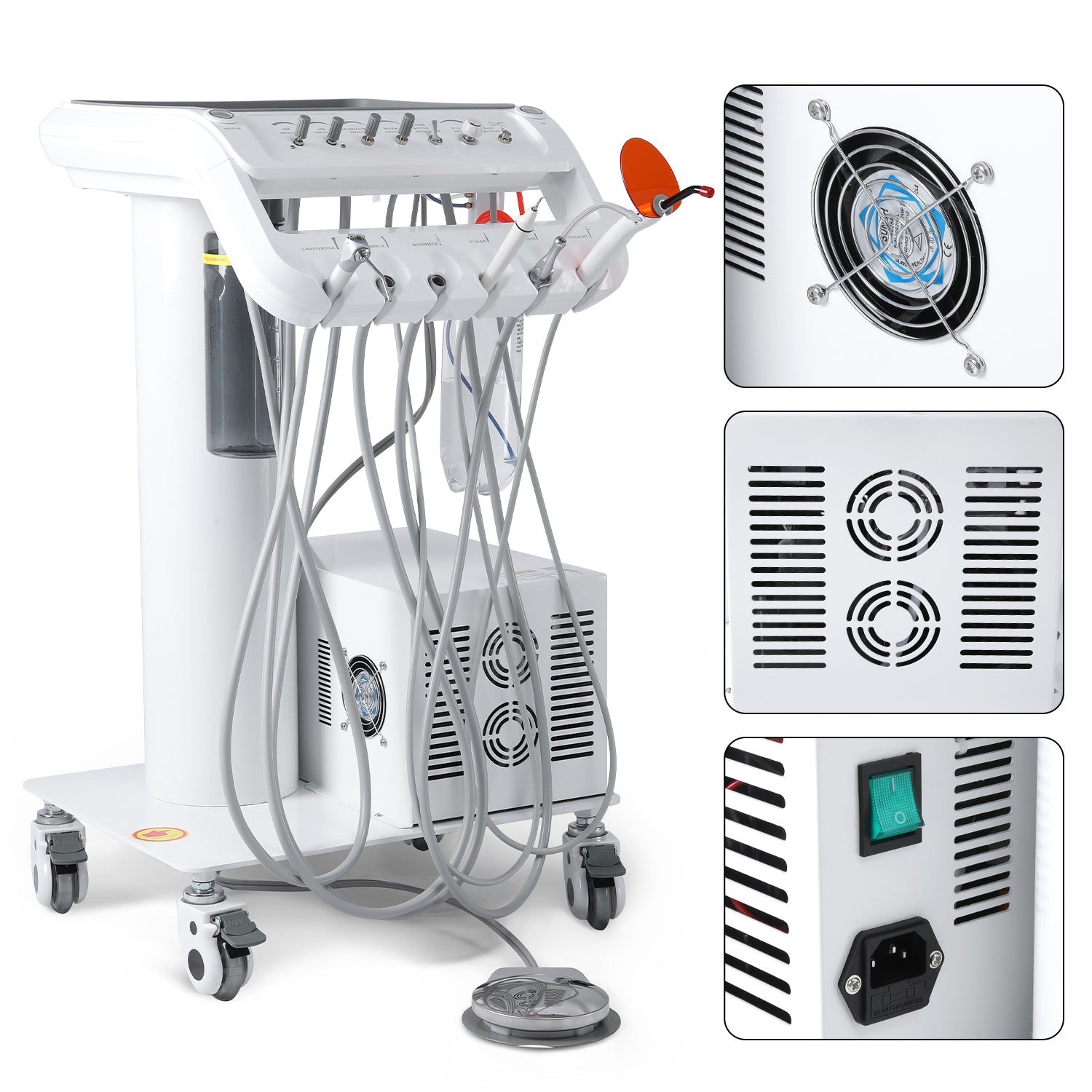 Portable Dental Mobile Cart Delivery Unit 4 Holes with Air Compressor Built-in Woodpecker Ultrasonic Scaler & Curing Light - azdentall.com