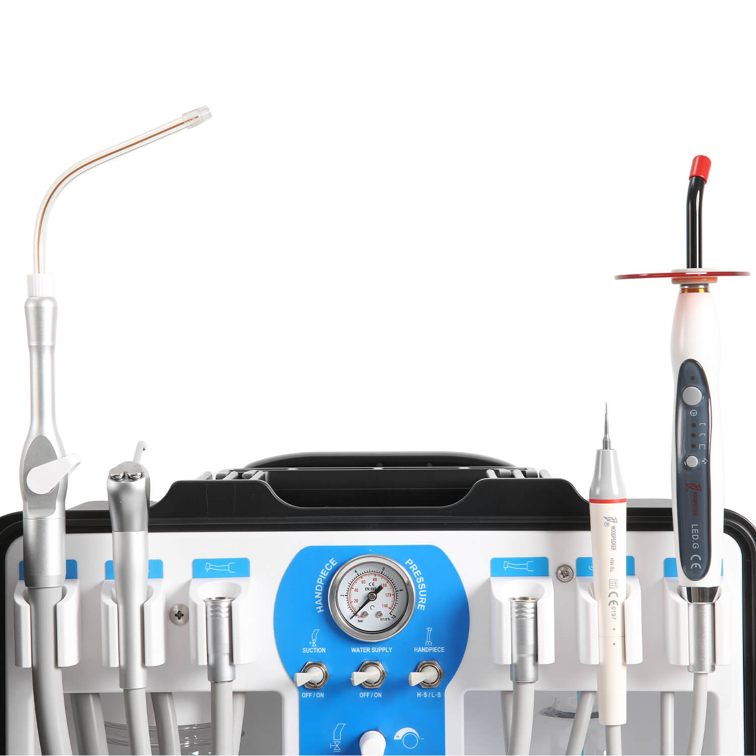 Portable Dental Delivery Unit P206S High Suction 4 Hole w/ Woodpecker Curing Light and Scaler & Air Compressor - azdentall.com