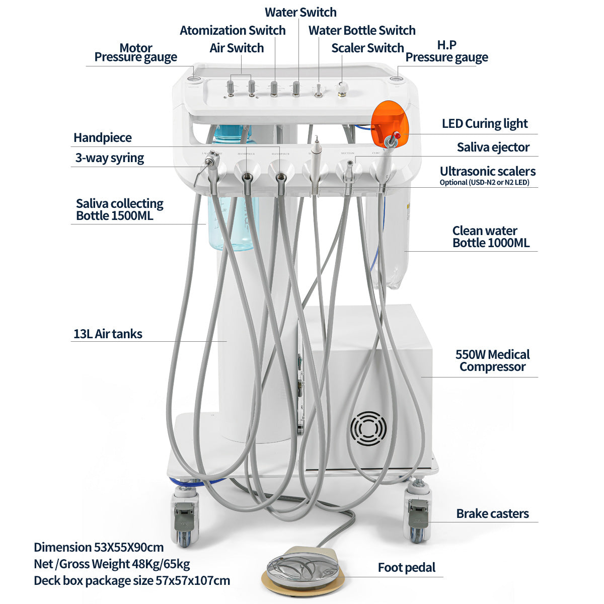 Portable Dental Mobile Cart Delivery Unit 4 Holes with Air Compressor Built-in ultrasonic scaler & Curing light - azdentall.com