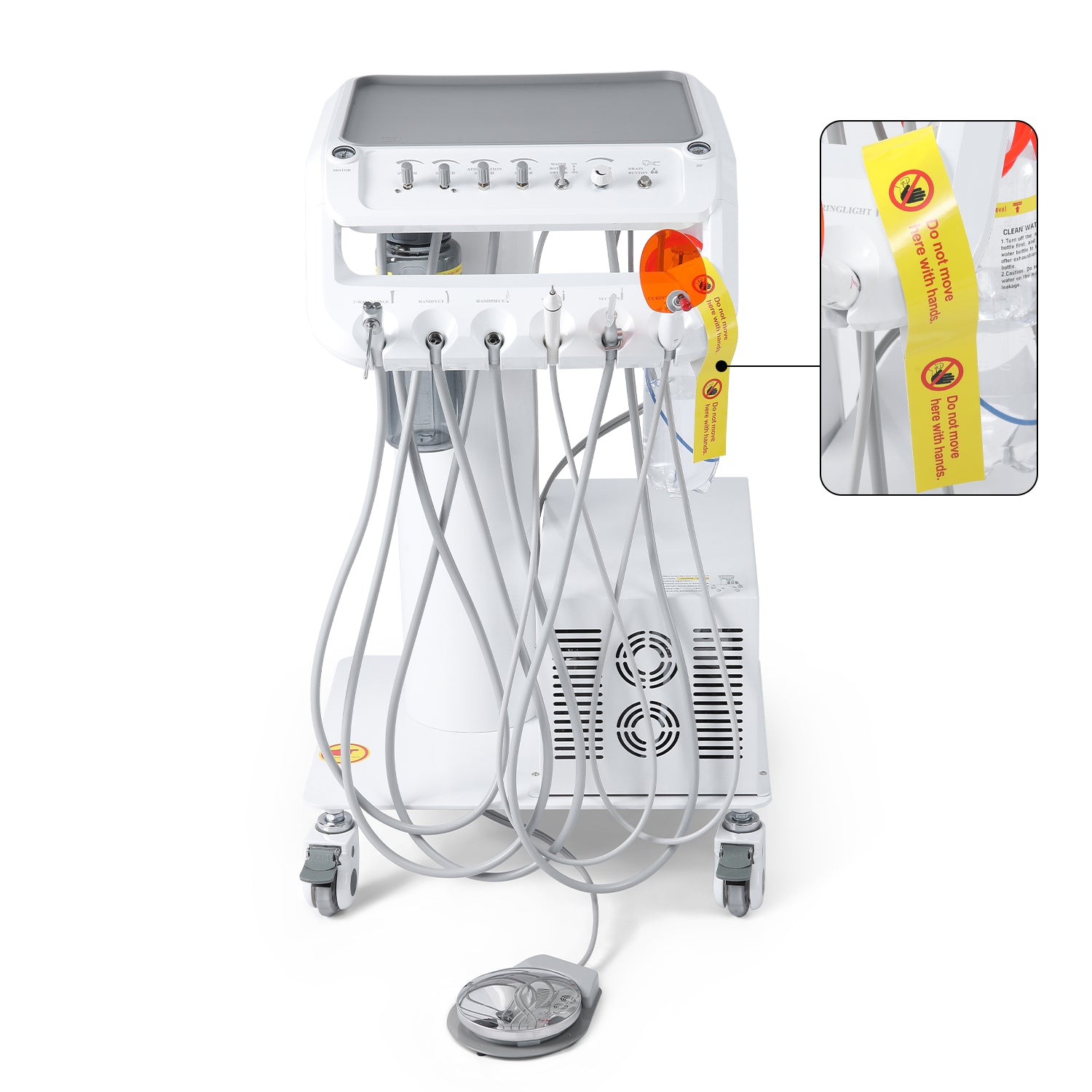 Portable Dental Mobile Cart Delivery Unit 4 Holes with Air Compressor Built-in Woodpecker Ultrasonic Scaler & Curing Light - azdentall.com