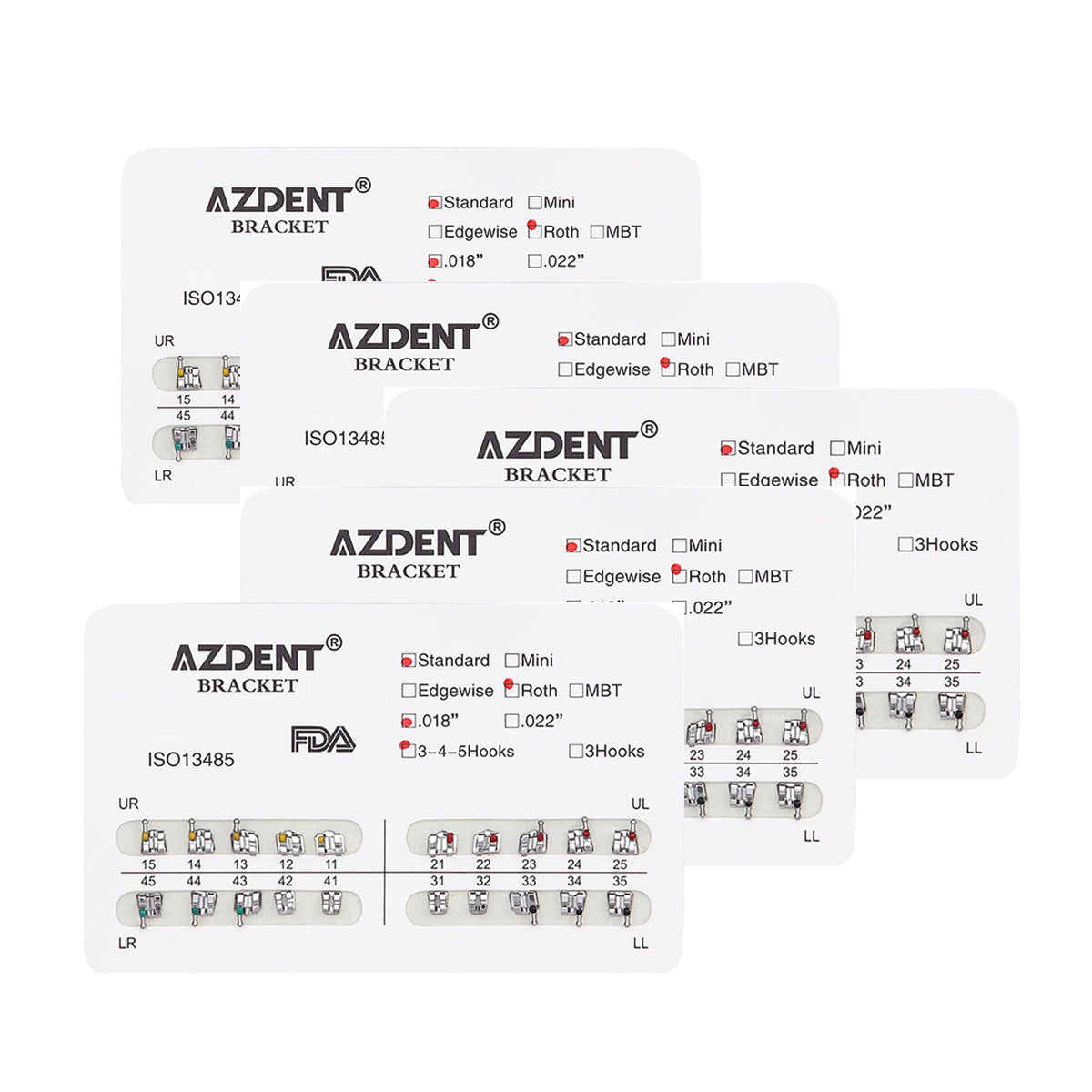 AZDENT Dental Metal Brackets Standard Roth Slot .018 Hooks on 345 20pcs/Pk