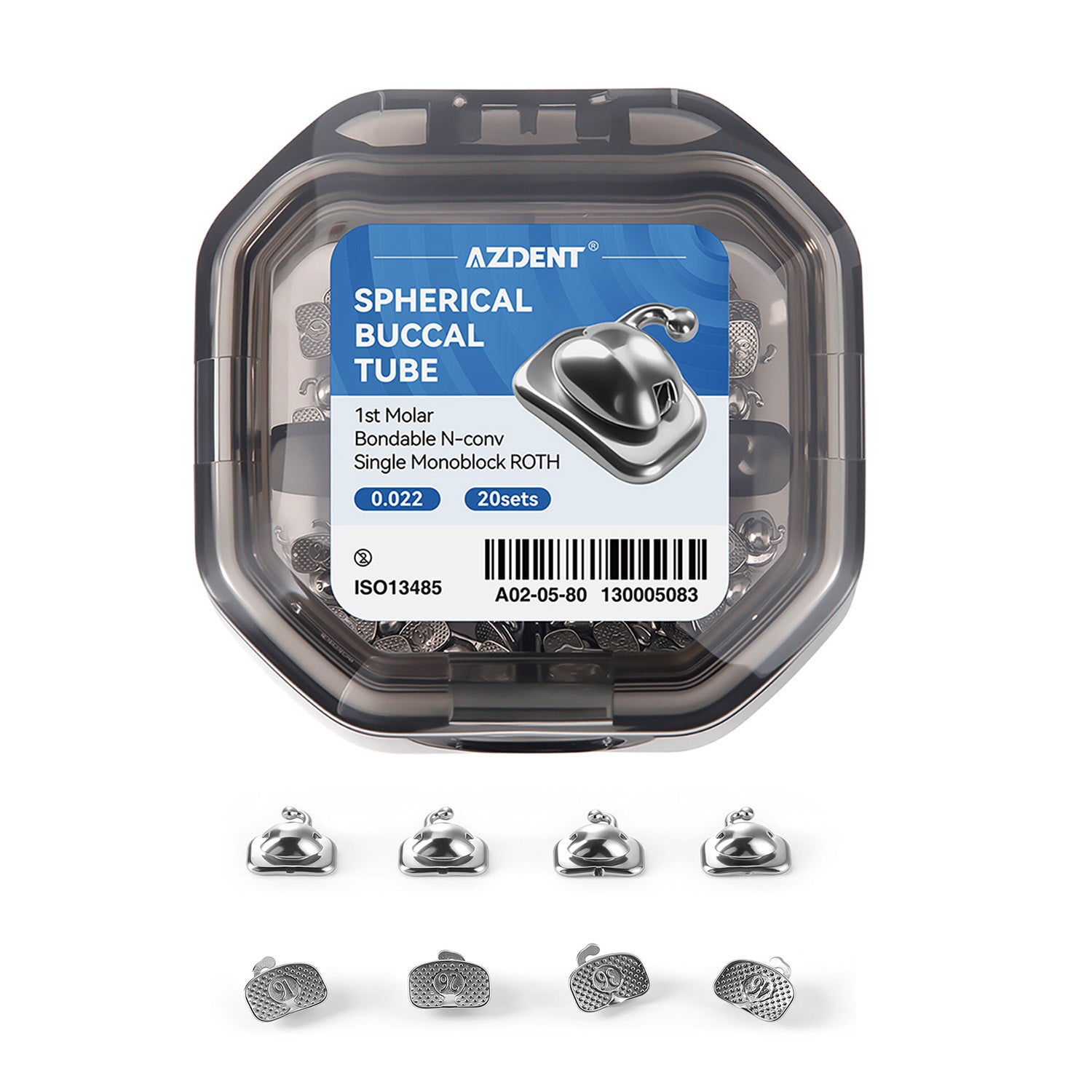 AZDENT Spherical Buccal Tube 1st Molar Bondable Monoblock Non-Convertible Single Roth/MBT 0.022 20Sets/Box - azdentall.com