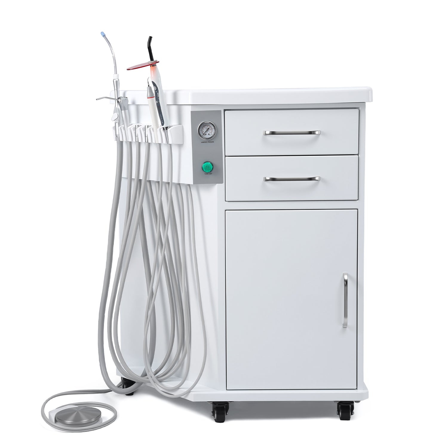 Portable Dental Side Delivery Unit Cabinet Type P212 High Suction 4 Hole w/ Woodpecker Curing Light and Scaler & Air Compressor - azdentall.com