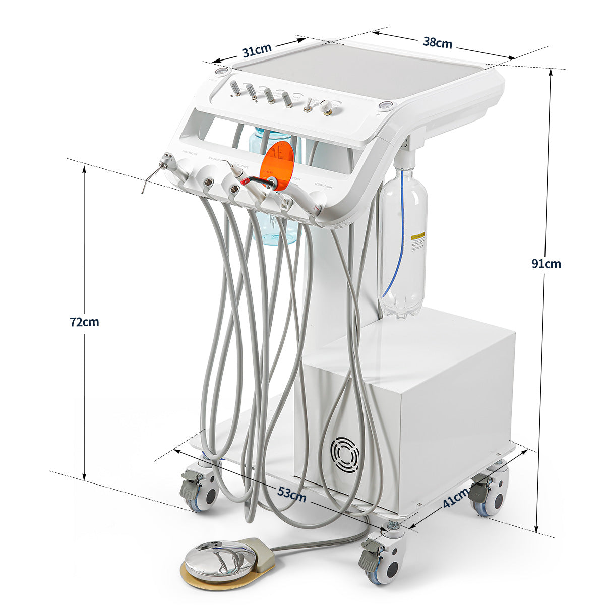 Portable Dental Mobile Cart Delivery Unit 4 Holes with Air Compressor Built-in ultrasonic scaler & Curing light - azdentall.com