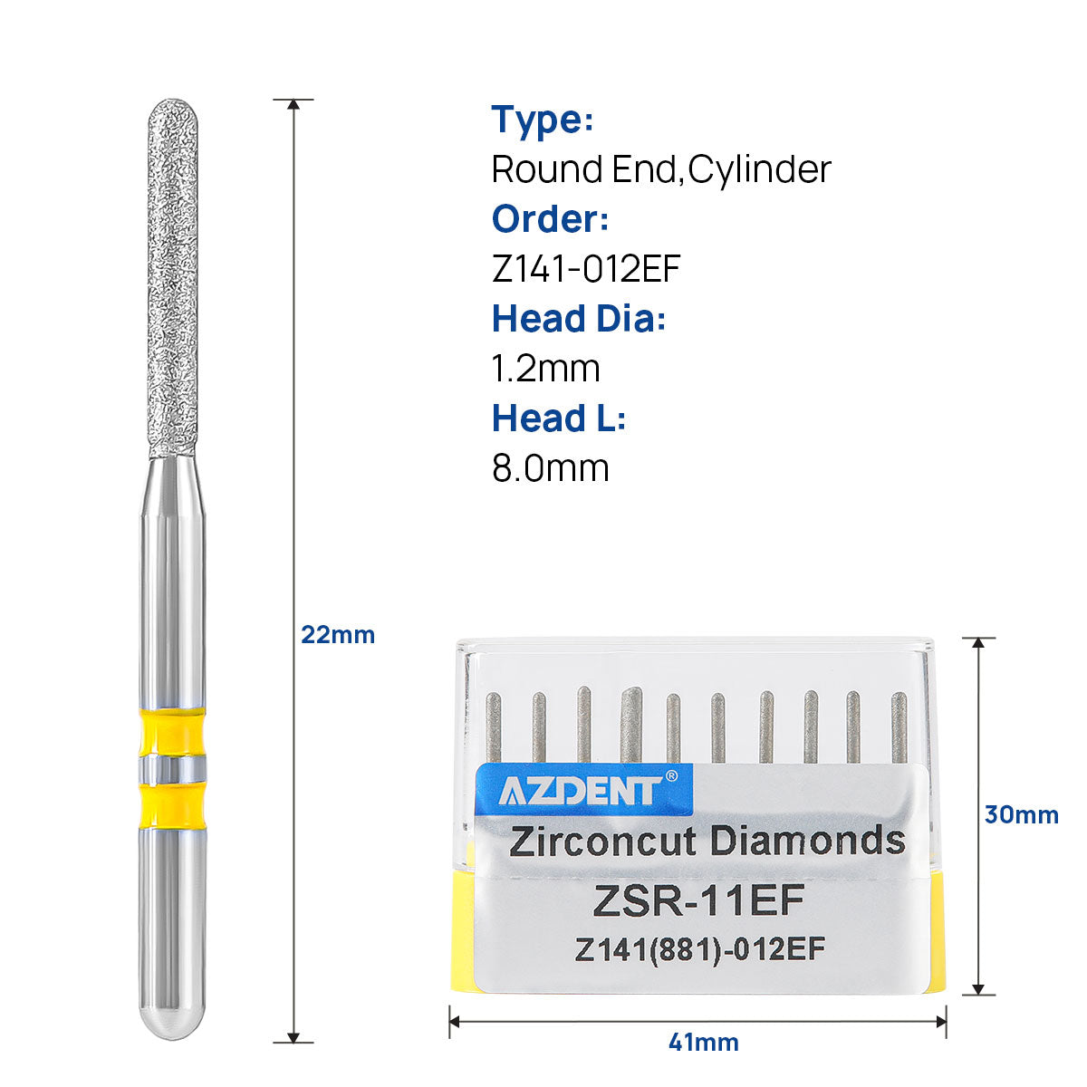 AZDENT Dental Diamond Burs FG Cutting Zirconia Ceramic Round End Cylinder for High Speed Handpiece Z141-012EF 10pcs/Box - azdentall.com