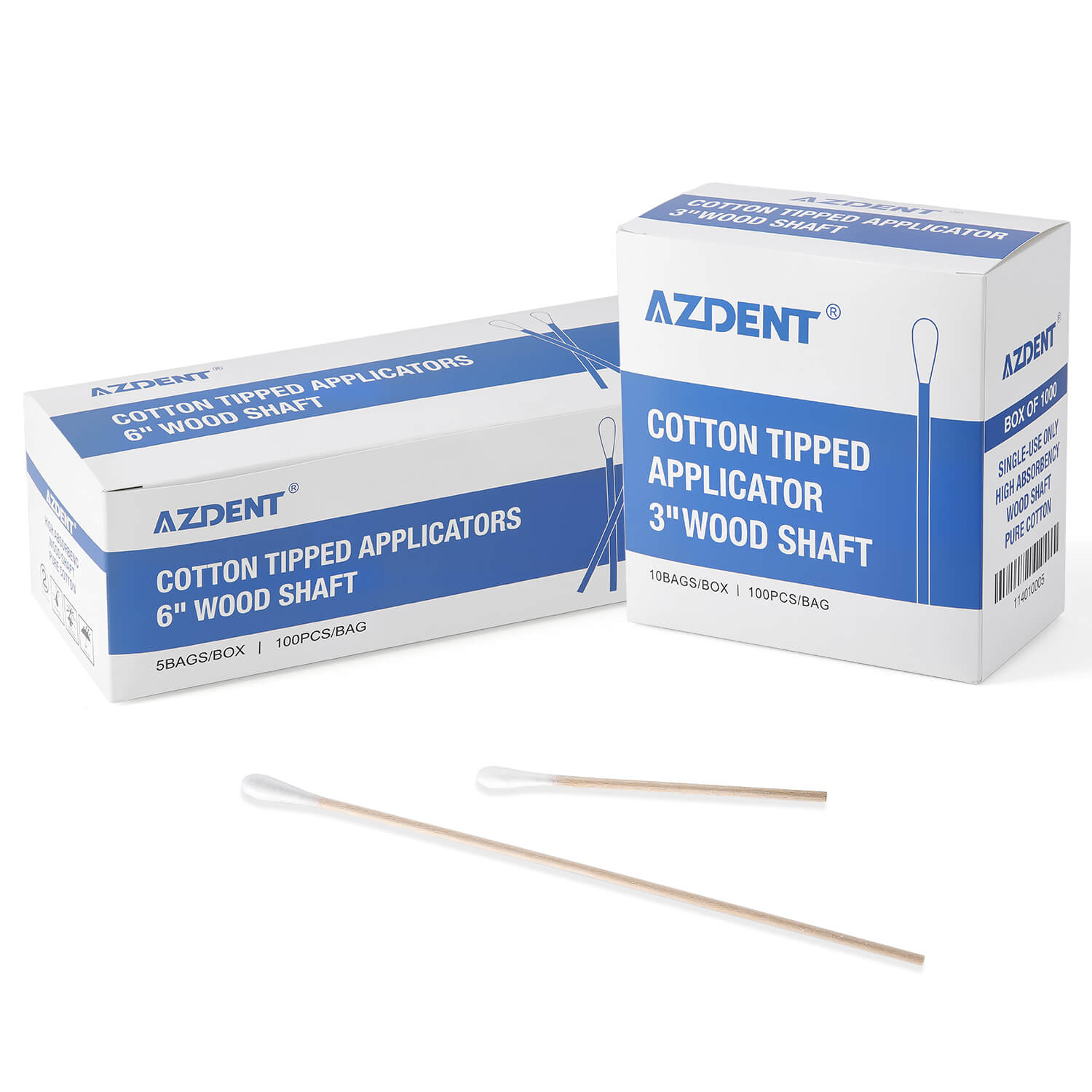 AZDENT Disposable Cotton Swab Tipped Applicator 3" 6" Wood Shaft - azdentall.com