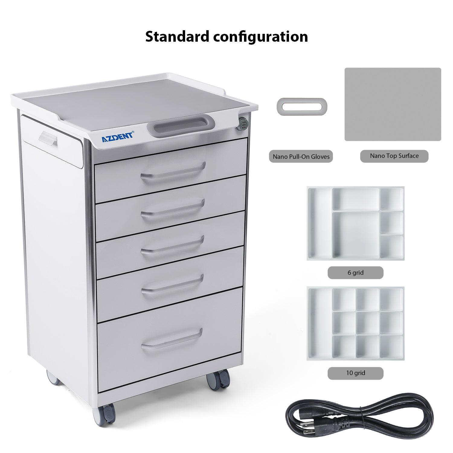 AZDENT Dental Mobile Cabinet Cart 5 Drawers with Hidden Side Auxiliary Drawer Secure Lock Power Socket - azdentall.com