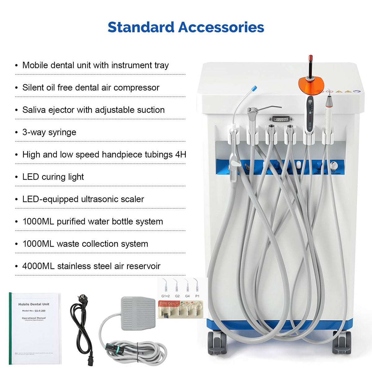 Portable Dental Unit Delivery Cart 4 Holes with Woodpecker Ultrasonic Scaler & Curing Light - azdentall.com