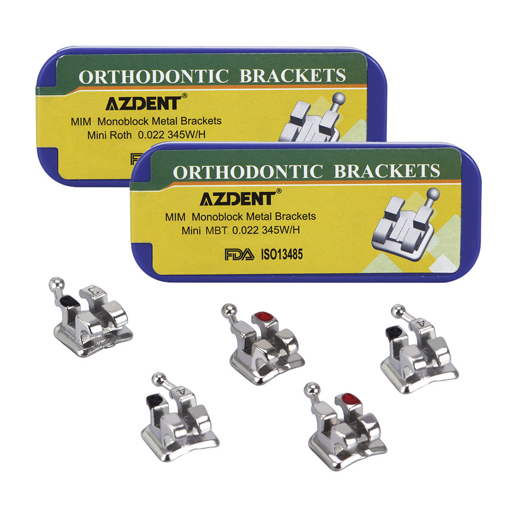 AZDENT Dental Metal Brackets MIM Monoblock Mini Roth/MBT .022 Hooks on 345 20pcs/Box - azdentall.com