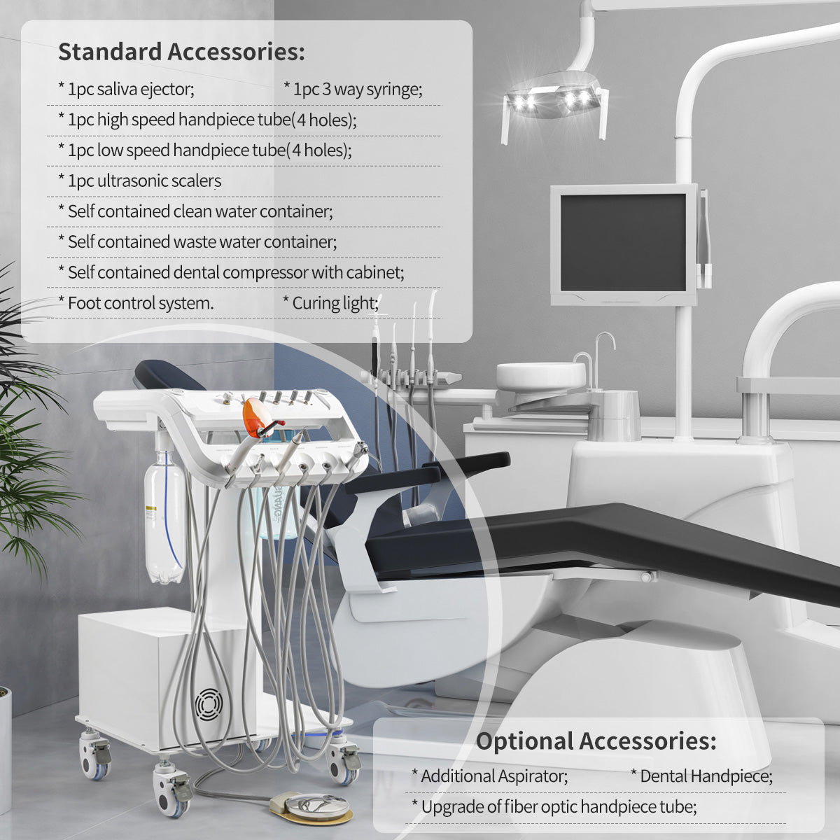 Portable Dental Mobile Cart Delivery Unit 4 Holes with Air Compressor Built-in ultrasonic scaler & Curing light - azdentall.com