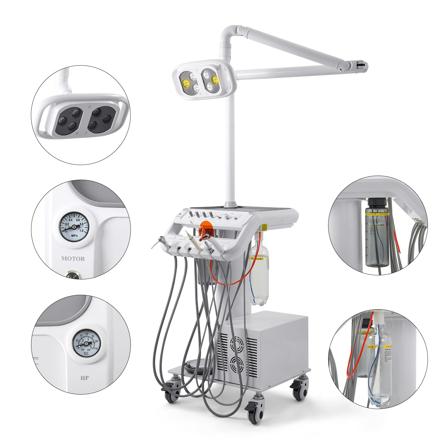 Portable Dental Mobile Cart Delivery Unit 4 Holes with 6 LED Light Lamp & Air Compressor & Woodpecker Scaler and Curing Light - azdentall.com
